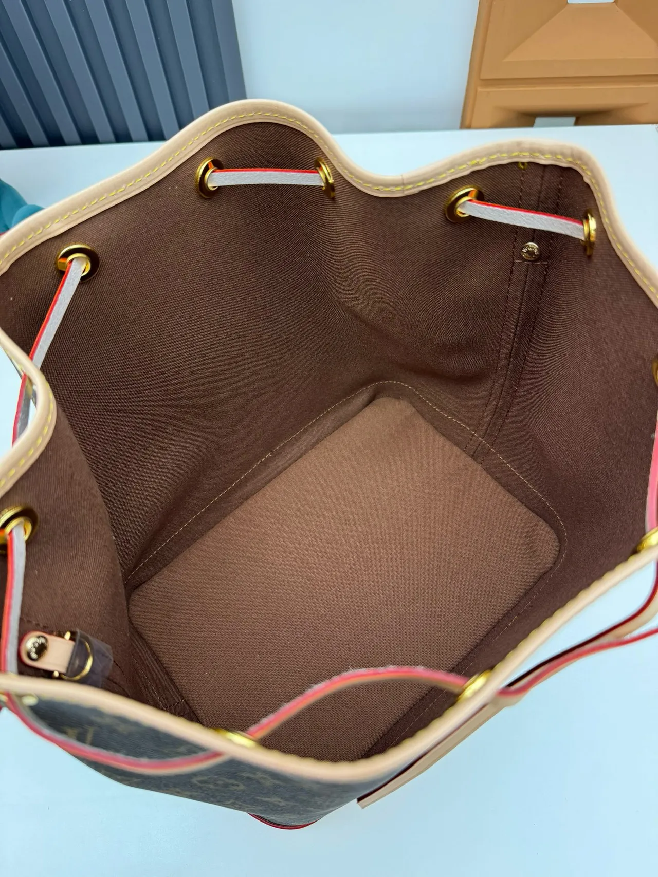 Louis Vuitton Brown Beige Monogram Coated Canvas Tan Leather Trim Bucket Bag 3