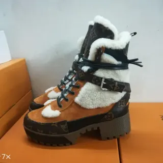 Louis Vuitton 棕黑印花帆布羊毛衬里雪靴
