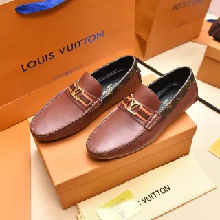 Louis Vuitton 棕金 皮革鞋面 花纹帆布 鞋跟装饰 乐福鞋
