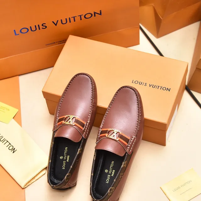 Louis Vuitton Brown Gold Leather Upper Monogram Canvas Heel Trim Loafer 3