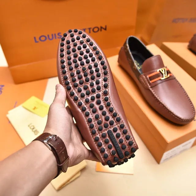 Louis Vuitton Brown Gold Leather Upper Monogram Canvas Heel Trim Loafer 4