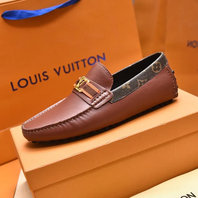 Louis Vuitton Brown Gold Leather Upper Monogram Canvas Heel Trim Loafer 5