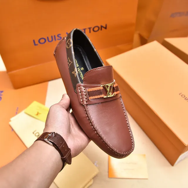 Louis Vuitton Brown Gold Leather Upper Monogram Canvas Heel Trim Loafer 6