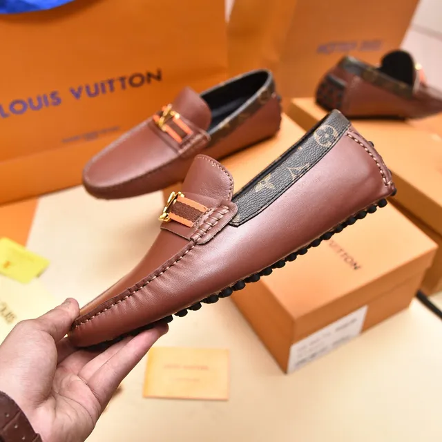 Louis Vuitton Brown Gold Leather Upper Monogram Canvas Heel Trim Loafer 7