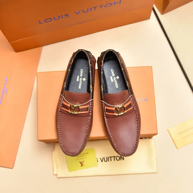 Louis Vuitton Brown Gold Leather Upper Monogram Canvas Heel Trim Loafer 9