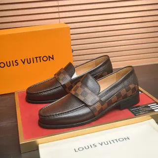 Louis Vuitton Cuero marrón y Damier Check mocasines