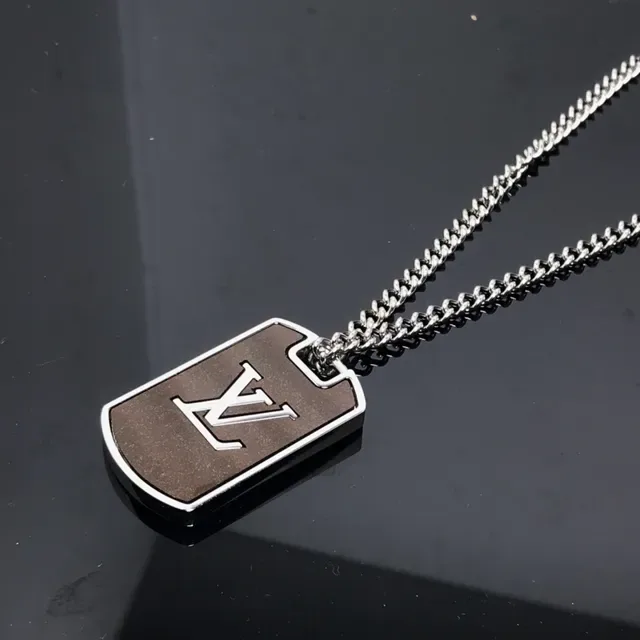 Louis Vuitton Brown Silver Dog Tag Silhouette Brushed Metal Face Necklace 4