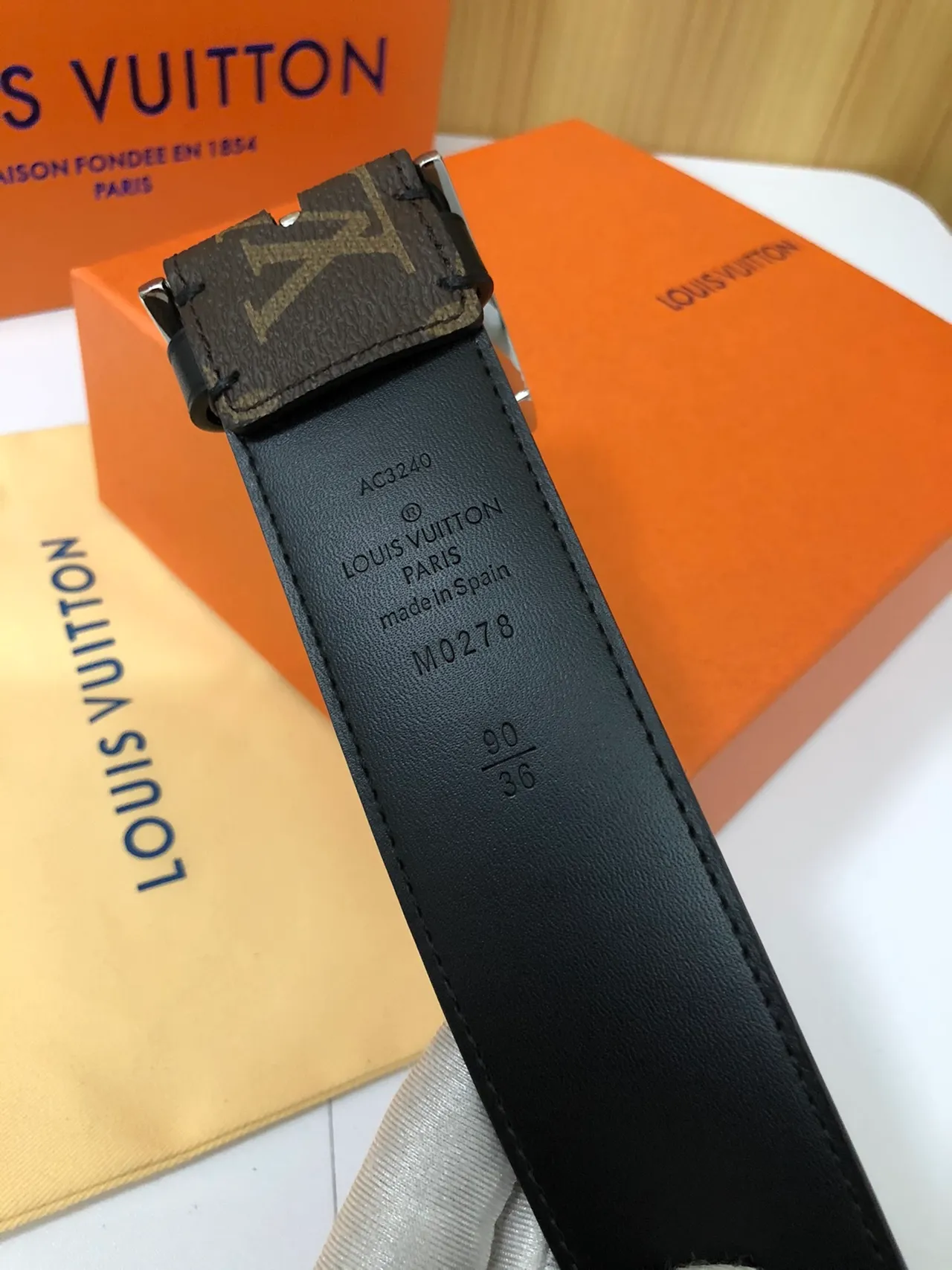 Louis Vuitton Brown Silver Monogram-Coated Canvas Rectangular Buckle Leather Belt 2