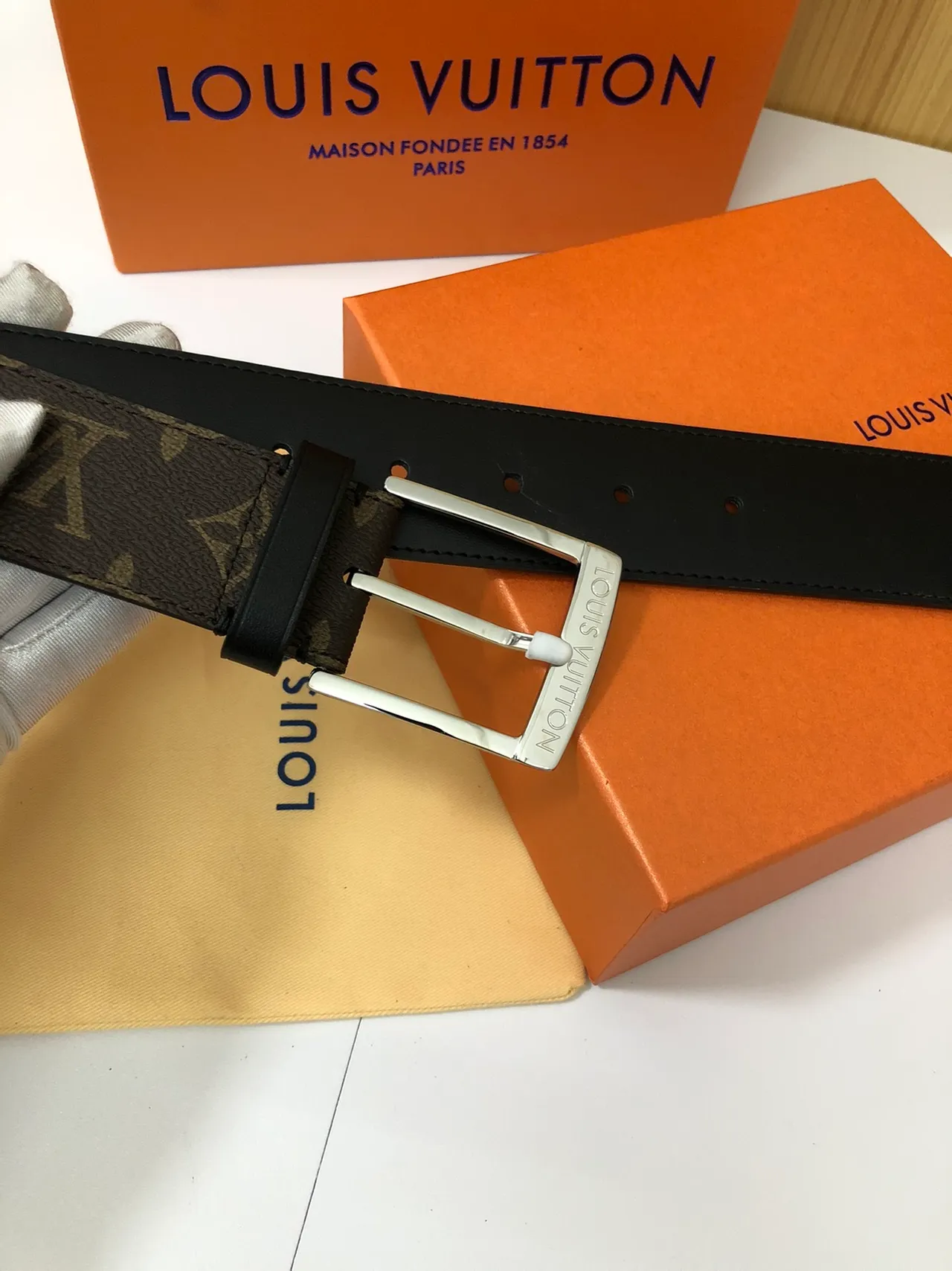 Louis Vuitton Brown Silver Monogram-Coated Canvas Rectangular Buckle Leather Belt 3