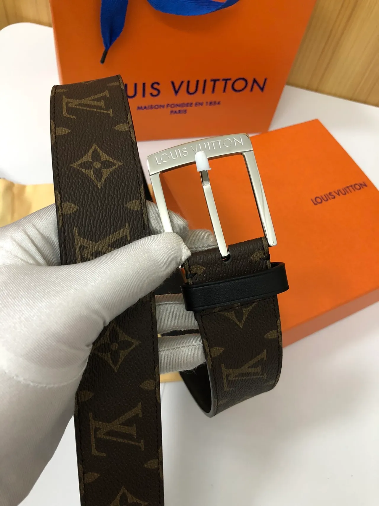 Louis Vuitton Brown Silver Monogram-Coated Canvas Rectangular Buckle Leather Belt 4