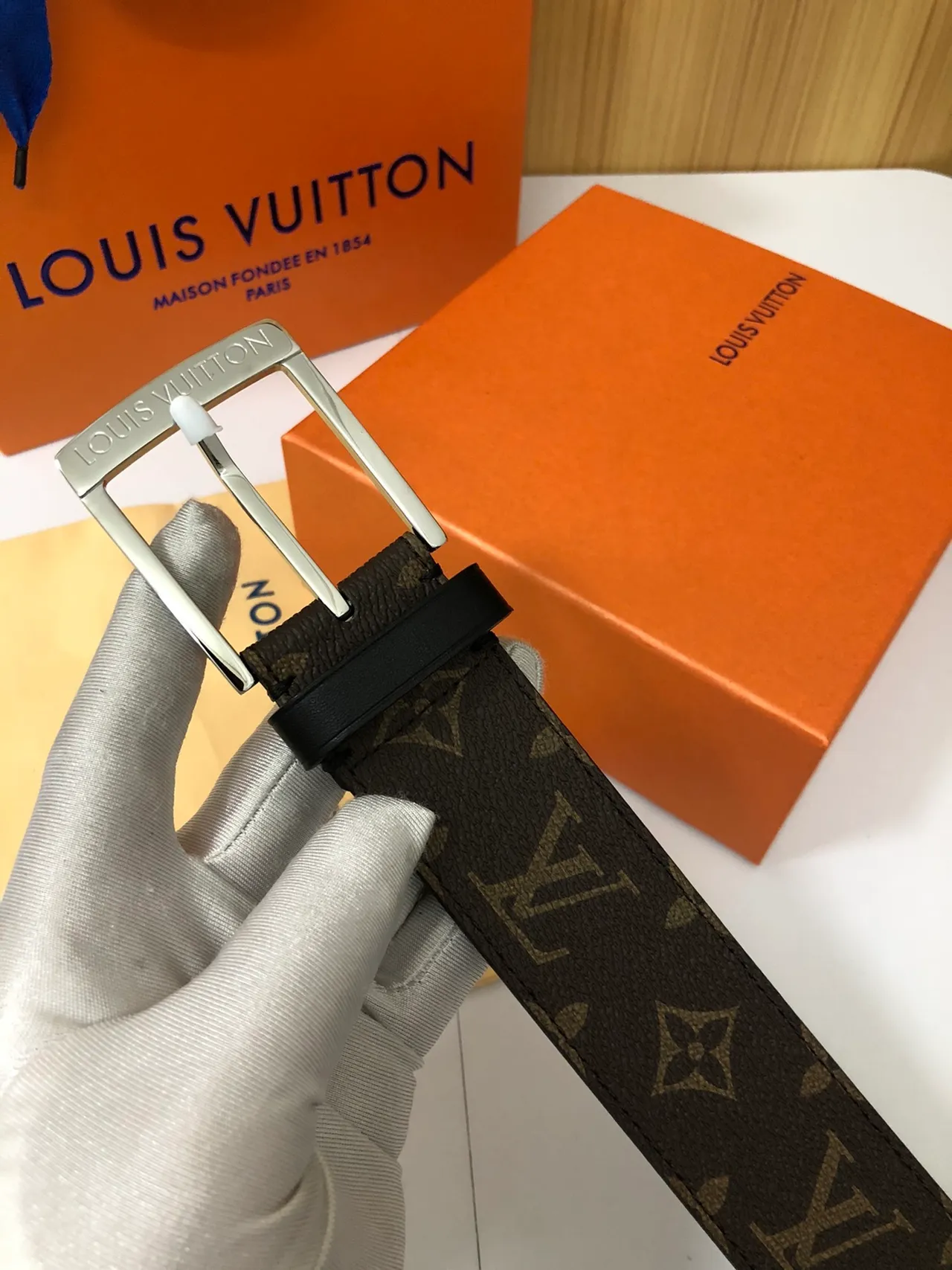 Louis Vuitton Brown Silver Monogram-Coated Canvas Rectangular Buckle Leather Belt 5