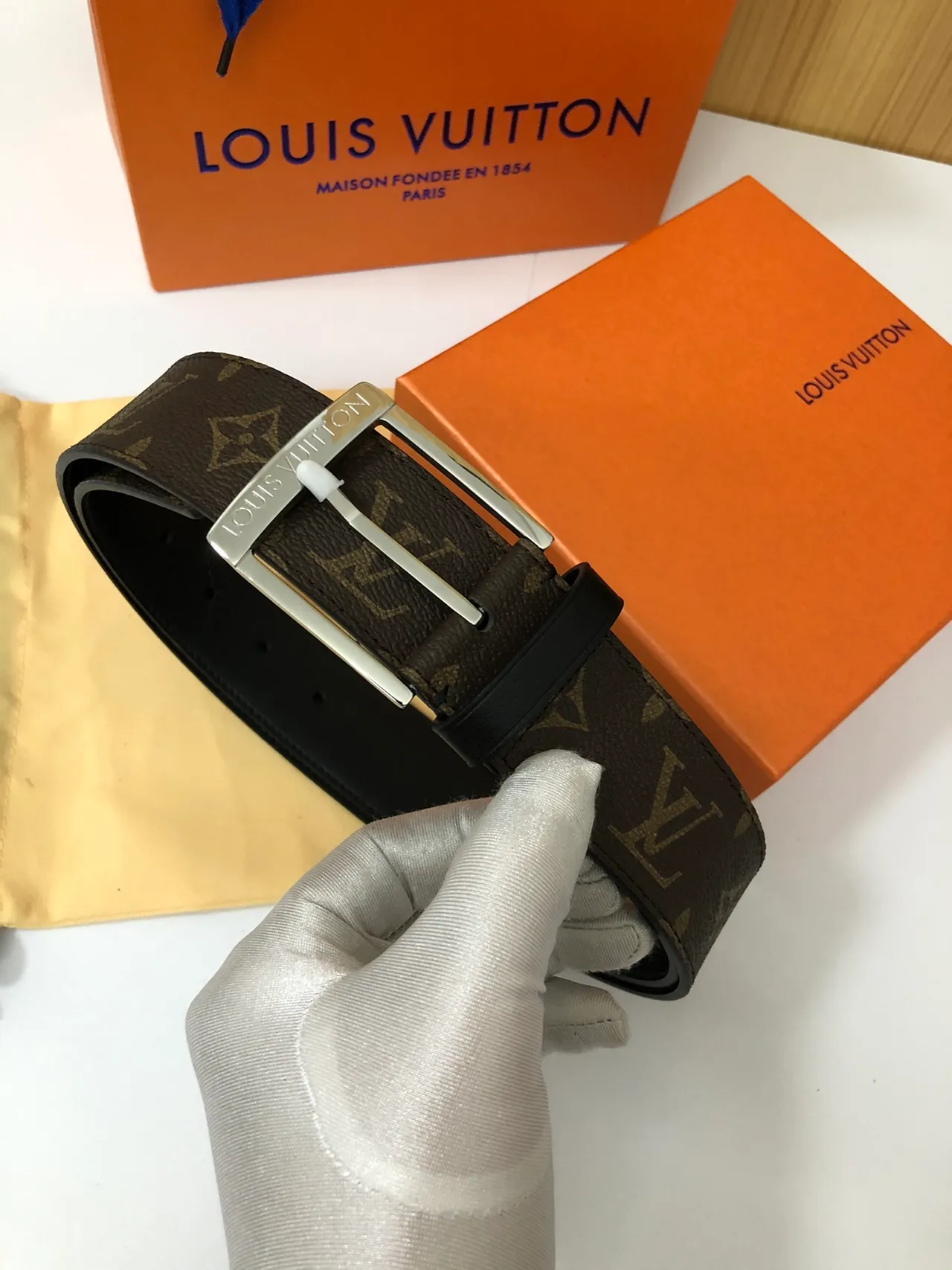 Louis Vuitton Brown Silver Monogram-Coated Canvas Rectangular Buckle Leather Belt 6