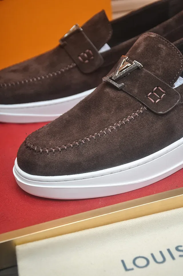 Louis Vuitton Brown White Suede Upper Moccasin-Stitched Toe Loafer 2