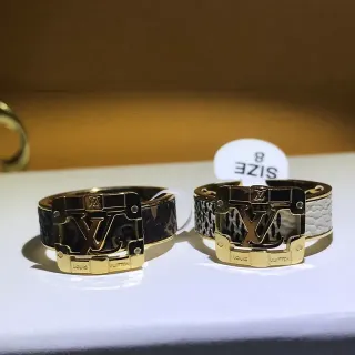Louis Vuitton Buckle Gold Black LV Monogram Front Textured Leather Band Ring