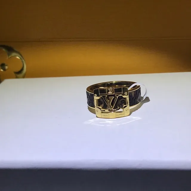 Louis Vuitton Buckle Gold Black LV Monogram Front Textured Leather Band Ring 2