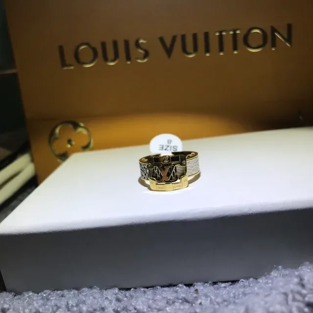 Louis Vuitton Buckle Gold Black LV Monogram Front Textured Leather Band Ring 4