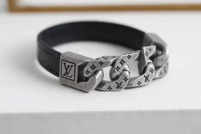 Louis Vuitton Chain Bracelet Black Silver Chunky Link Engraved Monogram Bracelet 2