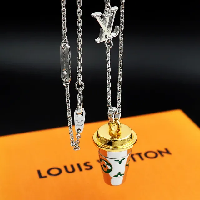 Louis Vuitton Coffee Cup Pendant Silver Gold Chain Lid Necklace 4