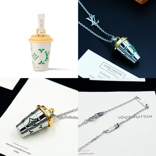 Louis Vuitton Coffee Cup Pendant Silver Gold Chain Lid Necklace 10