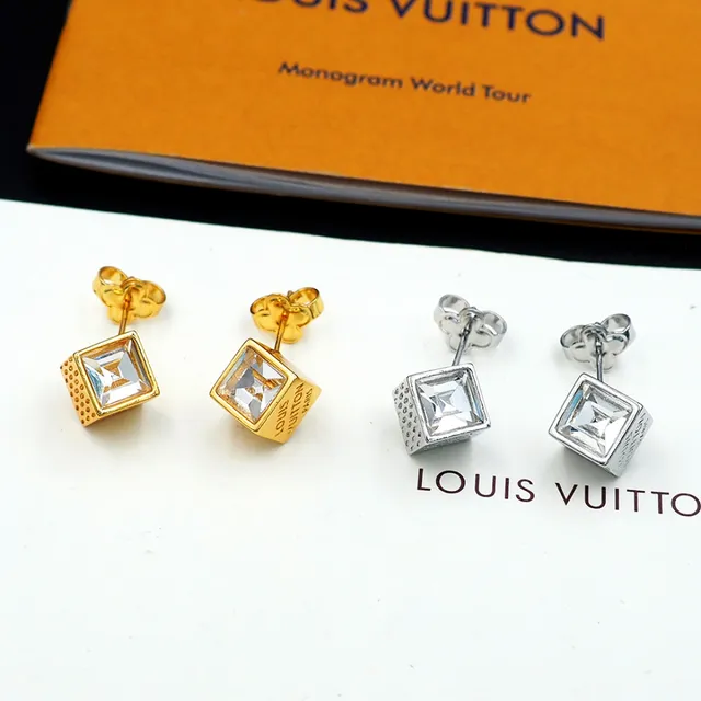 Louis Vuitton Cube Gold Transparent Cubic Faceted Crystal Earrings 7
