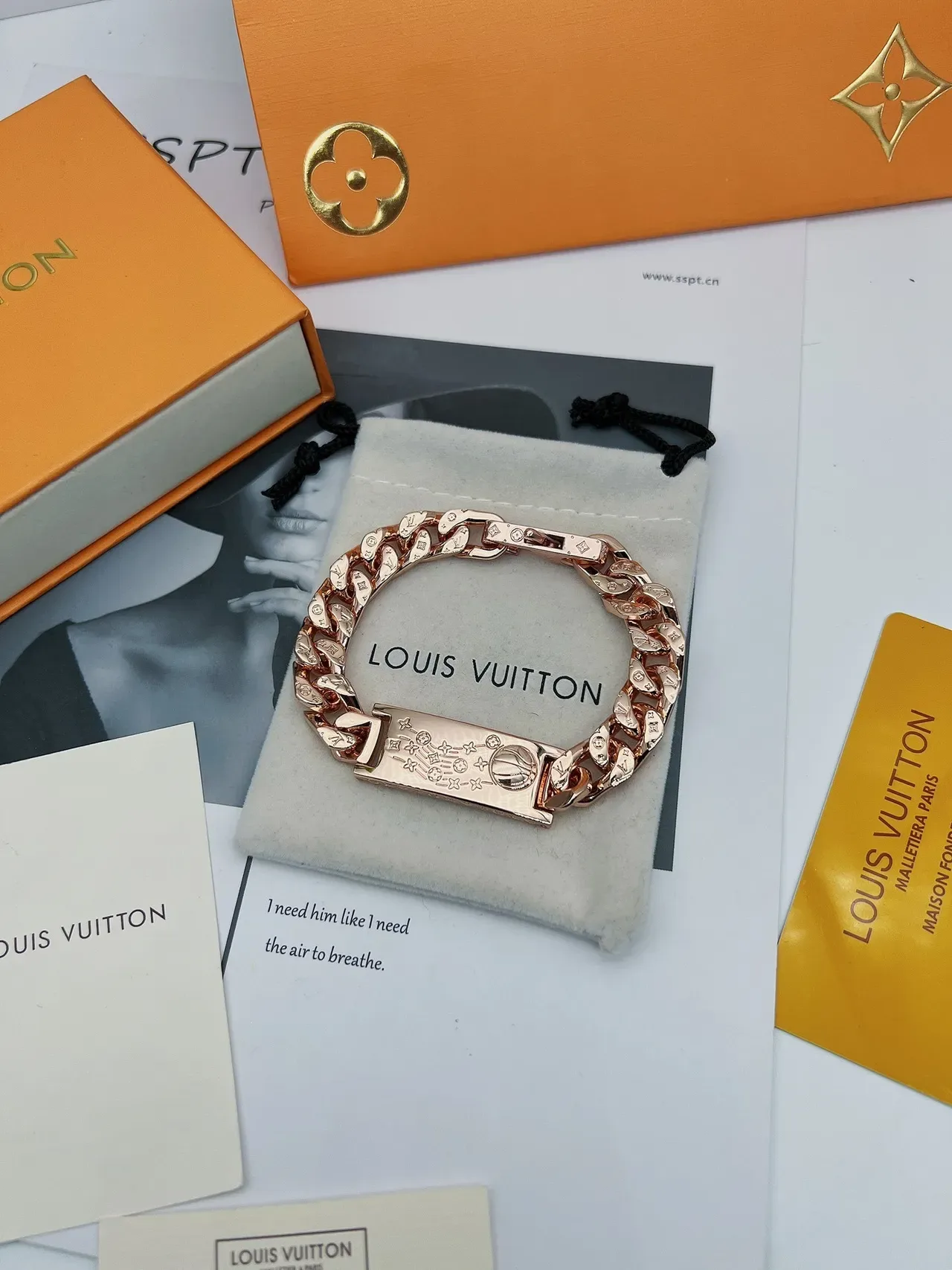 Louis Vuitton Engraved Curb Chain Rose Gold Bracelet 3