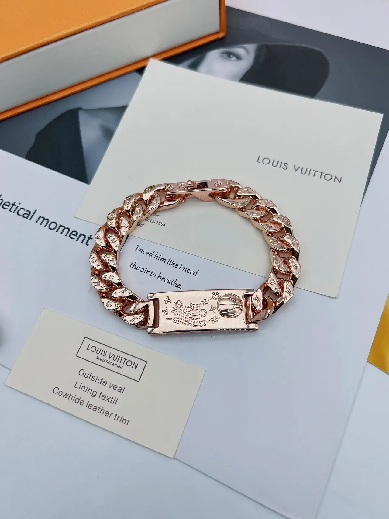 Louis Vuitton Engraved Curb Chain Rose Gold Bracelet 4