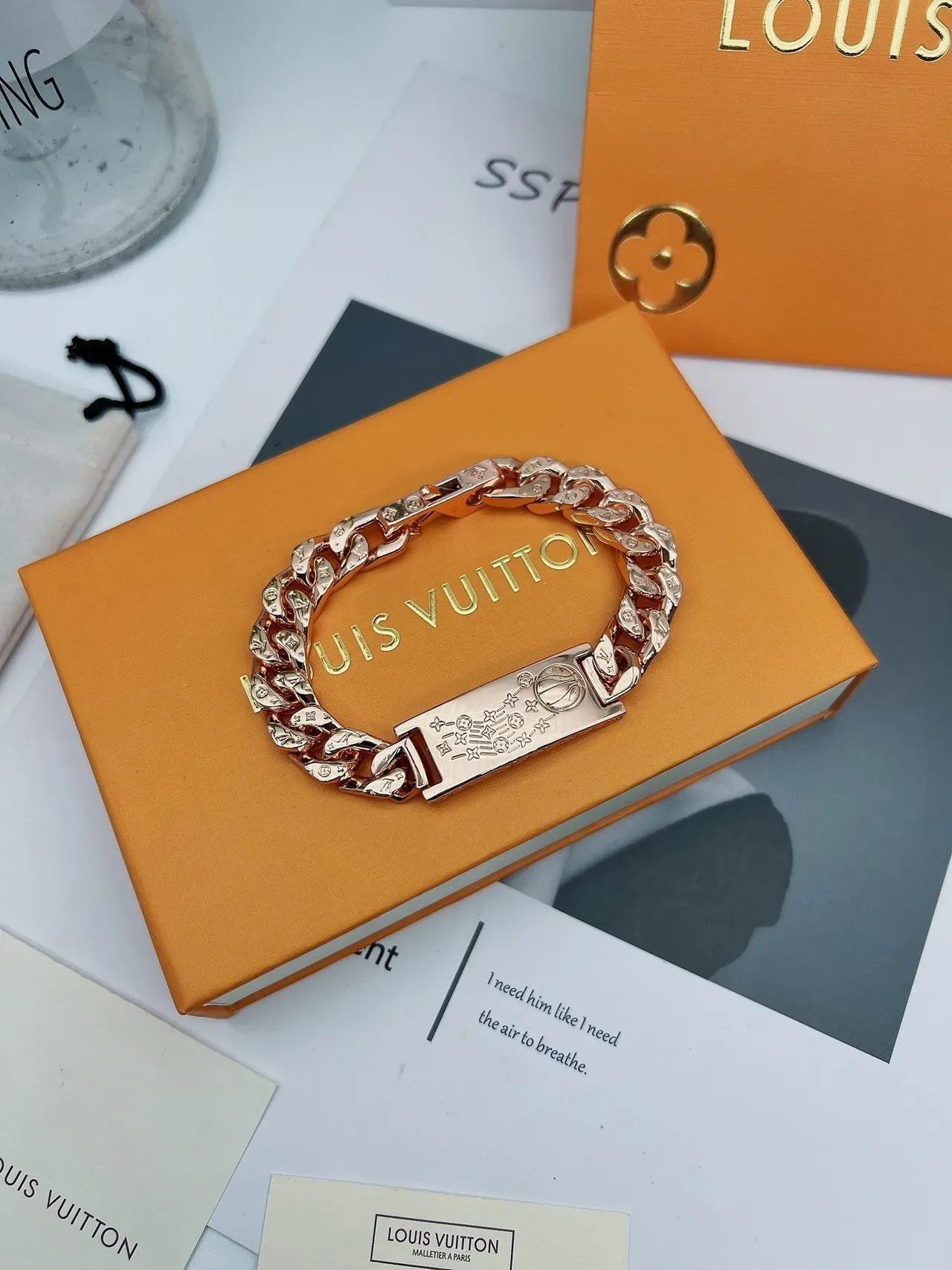 Louis Vuitton Engraved Curb Chain Rose Gold Bracelet 6
