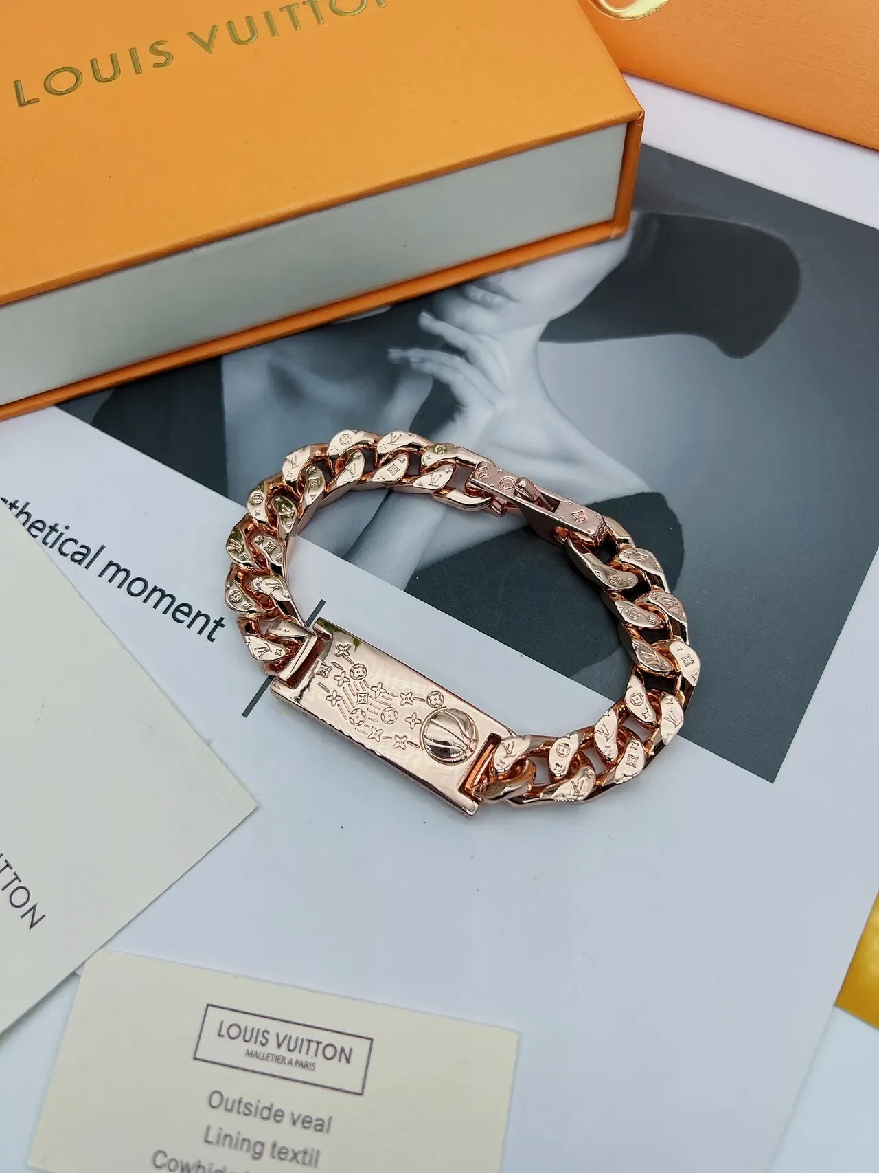 Louis Vuitton Engraved Curb Chain Rose Gold Bracelet 8