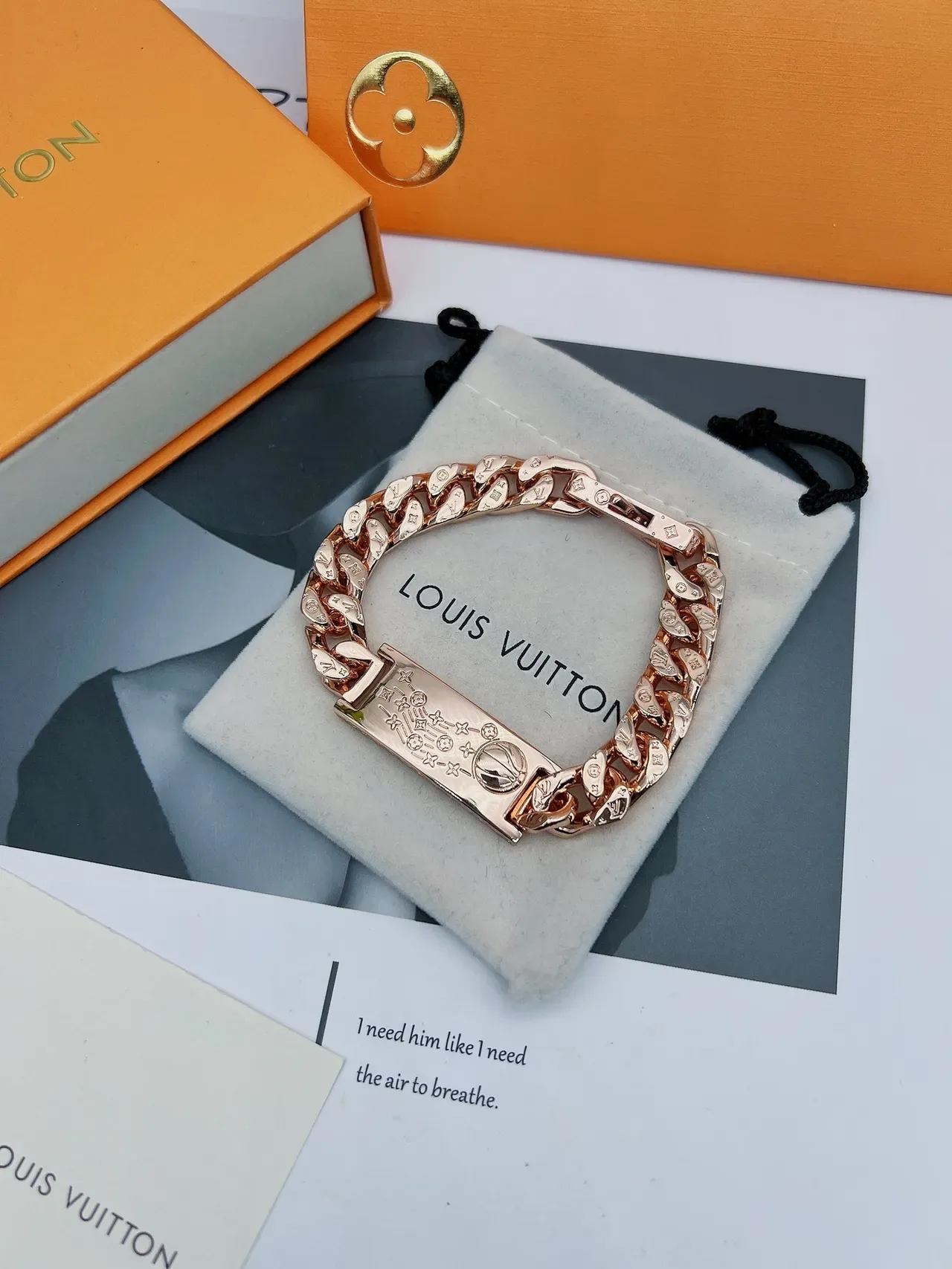 Louis Vuitton Engraved Curb Chain Rose Gold Bracelet 9