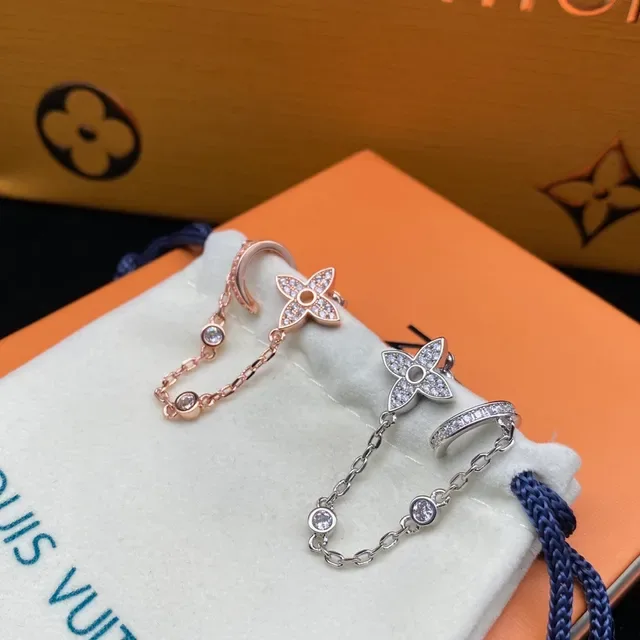 Louis Vuitton Floral Motif Rose Gold Pavé Chain Earrings 6