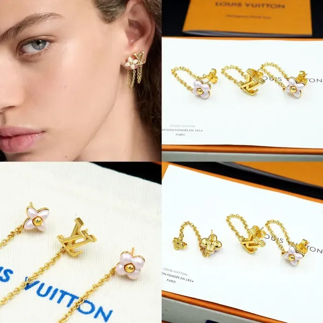 Louis Vuitton Flower Motif Gold-Tone Chain Earrings 12