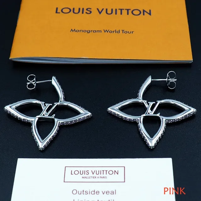 Louis Vuitton Flower Silver Pink Openwork Floral Motif Pavé-Set Stones Earrings 5