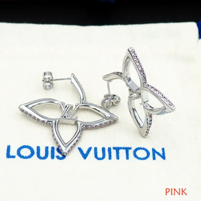 Louis Vuitton Flower Silver Pink Openwork Floral Motif Pavé-Set Stones Earrings 10