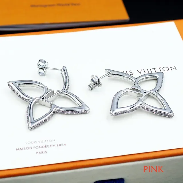 Louis Vuitton Flower Silver Pink Openwork Floral Motif Pavé-Set Stones Earrings 11
