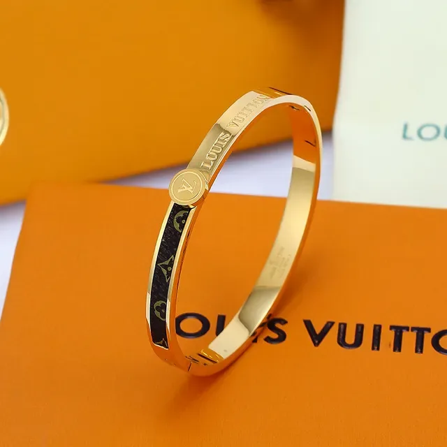 Louis Vuitton Gold Black Rigid Bangle Monogram Canvas Inlay Bracelet 4
