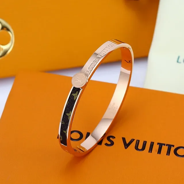Louis Vuitton Gold Black Rigid Bangle Monogram Canvas Inlay Bracelet 5