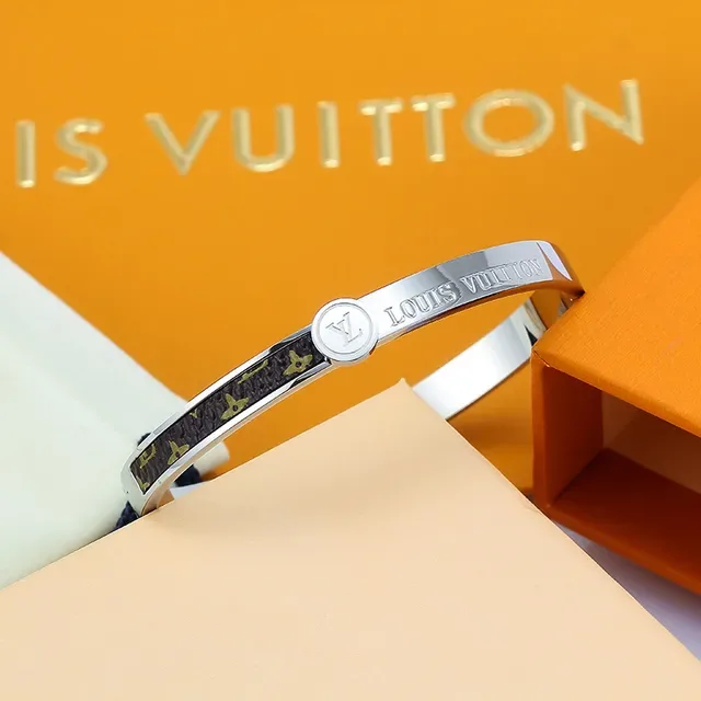 Louis Vuitton Gold Black Rigid Bangle Monogram Canvas Inlay Bracelet 7