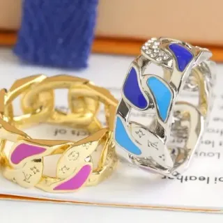 Louis Vuitton Gold Blue Chain-Link Band Enamel Inlay Ring