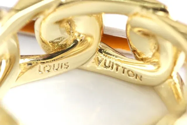 Louis Vuitton Gold Blue Chain-Link Band Enamel Inlay Ring 3
