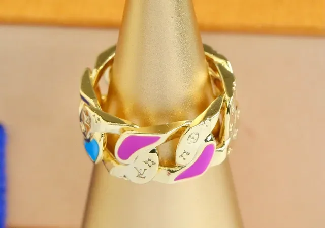 Louis Vuitton Gold Blue Chain-Link Band Enamel Inlay Ring 7