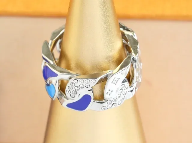 Louis Vuitton Gold Blue Chain-Link Band Enamel Inlay Ring 8