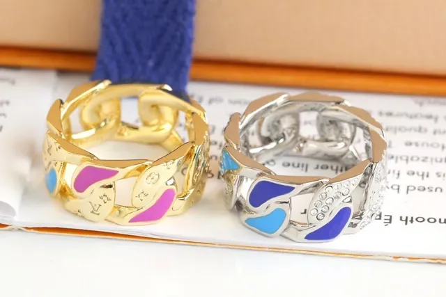 Louis Vuitton Gold Blue Chain-Link Band Enamel Inlay Ring 9