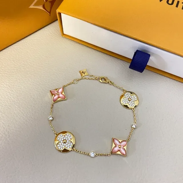 Louis Vuitton Gold Pink Chain-Link Pavé-Crystal Bracelet 4