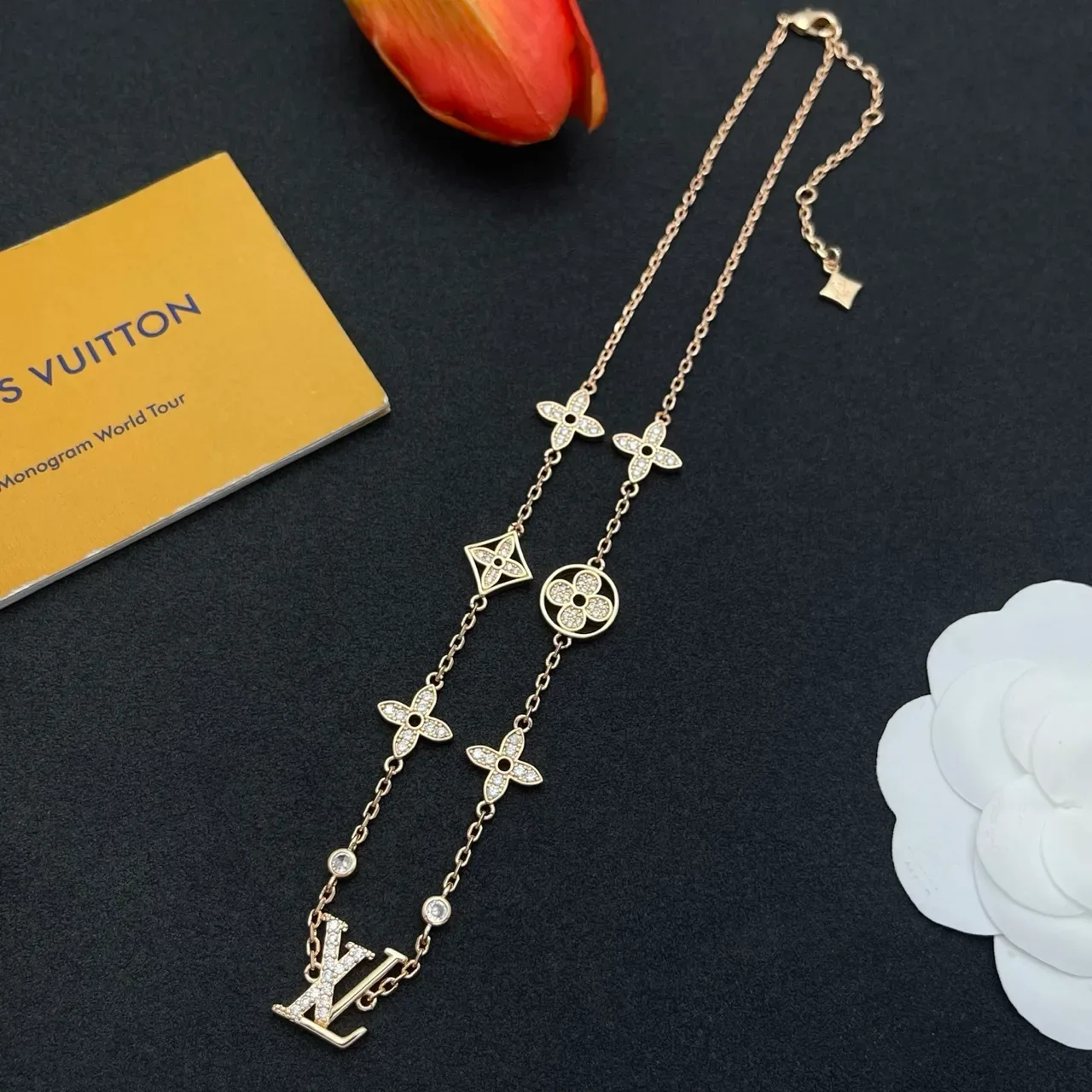 Louis Vuitton Gold Silver Chain Pavé-Set Crystals Necklace 7