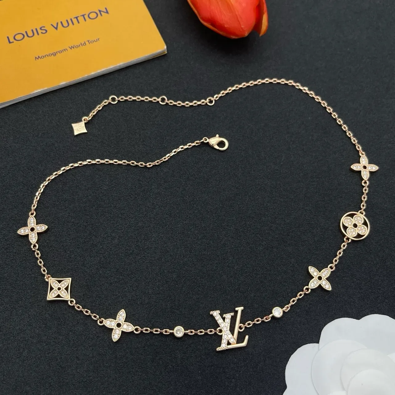 Louis Vuitton Gold Silver Chain Pavé-Set Crystals Necklace 8