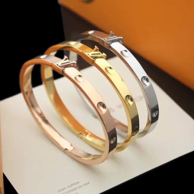 Louis Vuitton Gold Silver Hinged Bangle Monogram Clasp Bracelet 8