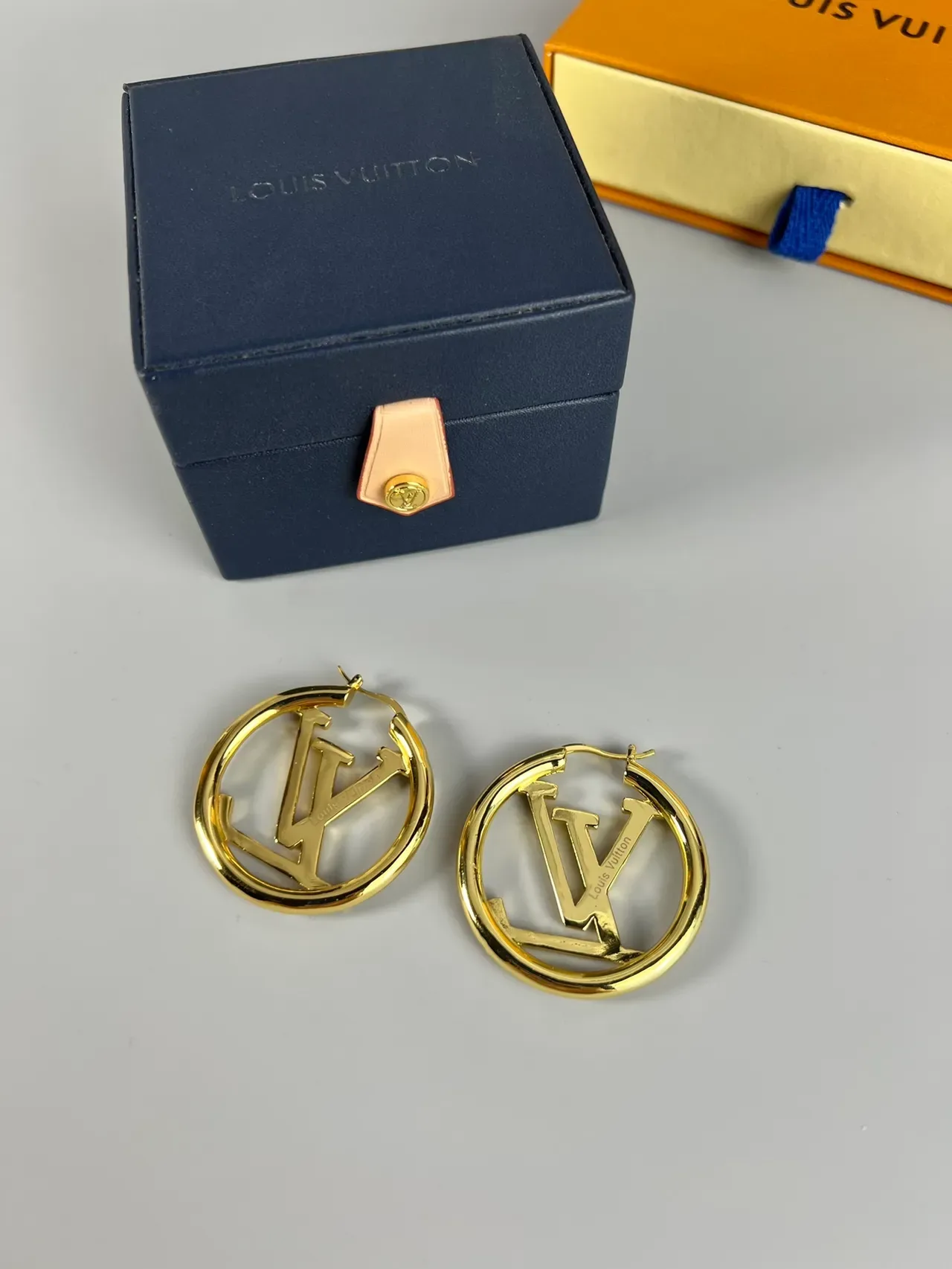 Louis Vuitton Gold Transparent Circular Hoop LV Monogram Logo Earrings 3