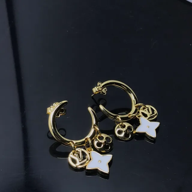 Louis Vuitton Gold White Hoop Dangling Charms Earrings 2