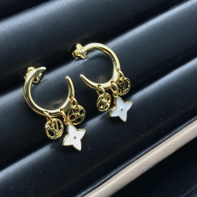 Louis Vuitton Gold White Hoop Dangling Charms Earrings 3