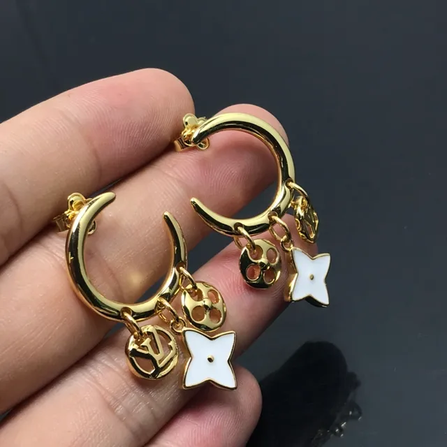 Louis Vuitton Gold White Hoop Dangling Charms Earrings 4
